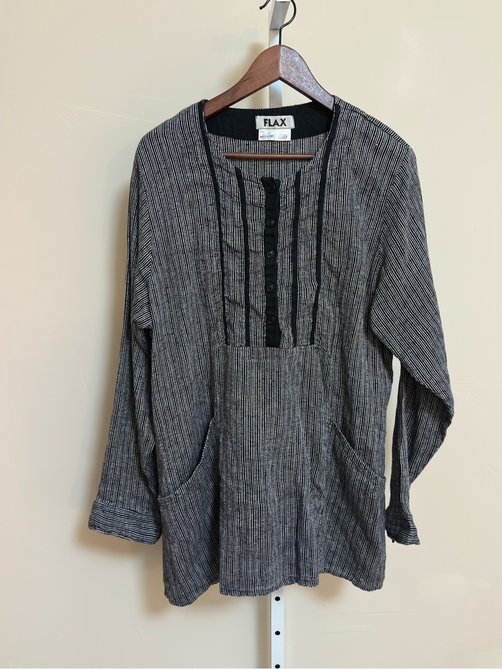 FLAX 100% Linen Black White Striped Lagenlook Tunic Women’s Medium Lithuania
